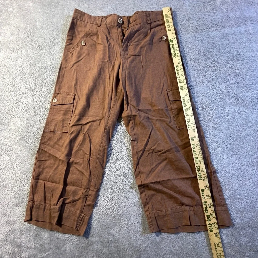 Cato Women's Brown Linen‎ Blend Cargo Capri Pants Medium Elastic Cargo Pockets